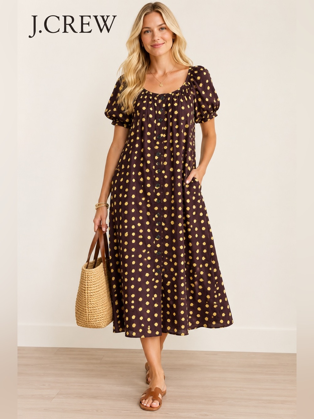 J.Crew NWT 100% Cotton Puff Sleeve Button Front Midi Dress